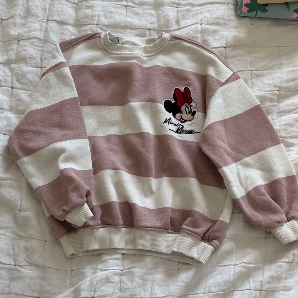 Zara Minnie Mouse Pink & White Stripe Crewneck Sweatshirt